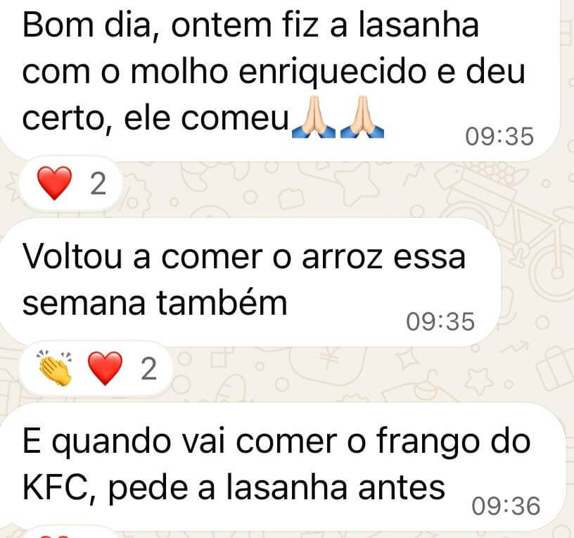 Captura de mensagem de família sobre acompanhamento alimentar, relato 7