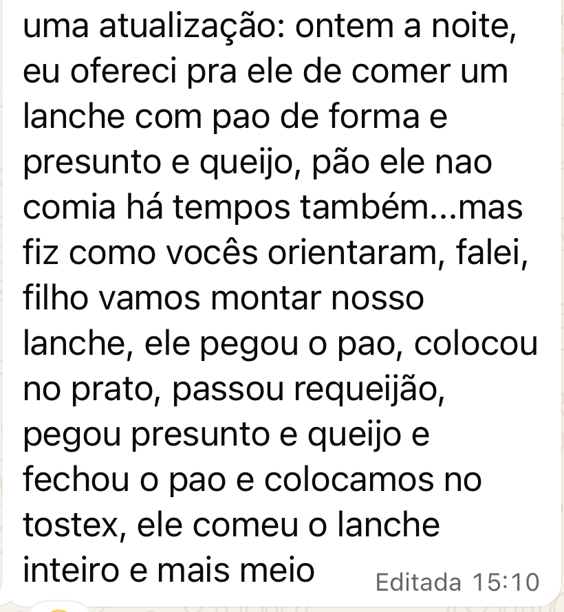 Captura de mensagem de família sobre acompanhamento alimentar, relato 8